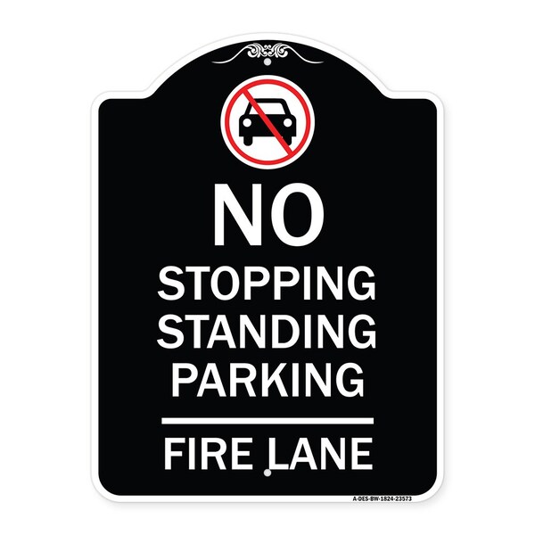 No Stopping Standing Fire Lane W/ Graphic Heavy-Gauge Aluminum Sign, 24" x 18", BW-1824-23573